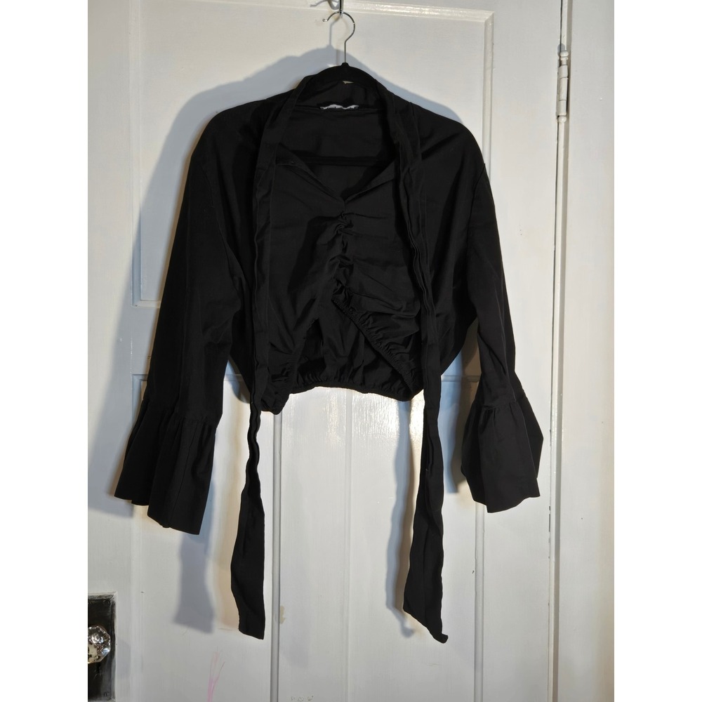 LIVD Black Ruched Front Tie Crop Top Ruffle Cuff Long Sleeve Plus Size 3XL USA